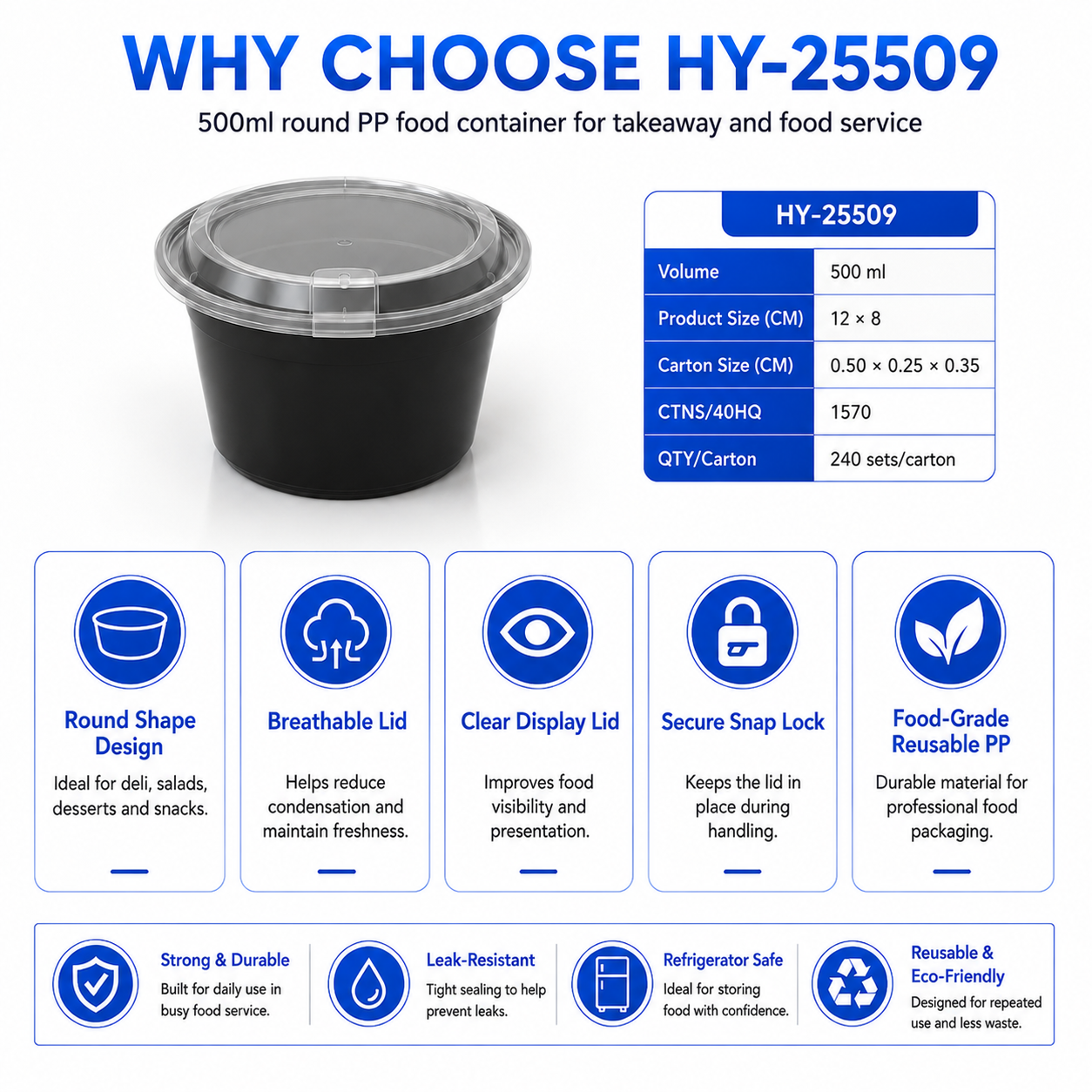 500ml Round PP Food Container with Vented Lid | Injection Molded Takeaway Packaging HY-25509